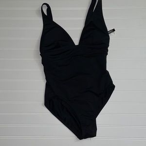 One piece black bathing suit